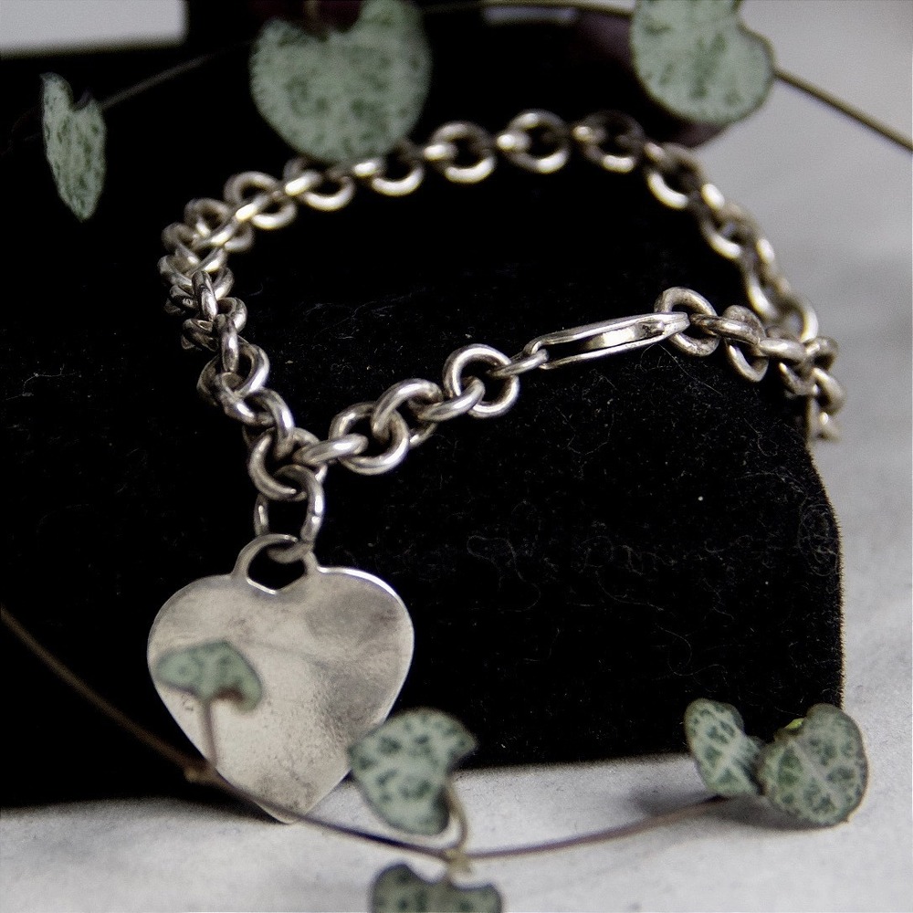 Sterling Silver 925 Heart Charm Rolo Chain Bracelet 7.5 Inch 6mm Links